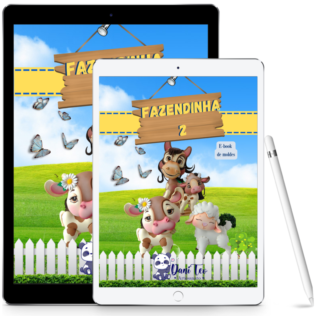 Imagem Ebook Fazendinha 2 no tablet, contendo cavalo, vaquinha e ovelhinha num campo.