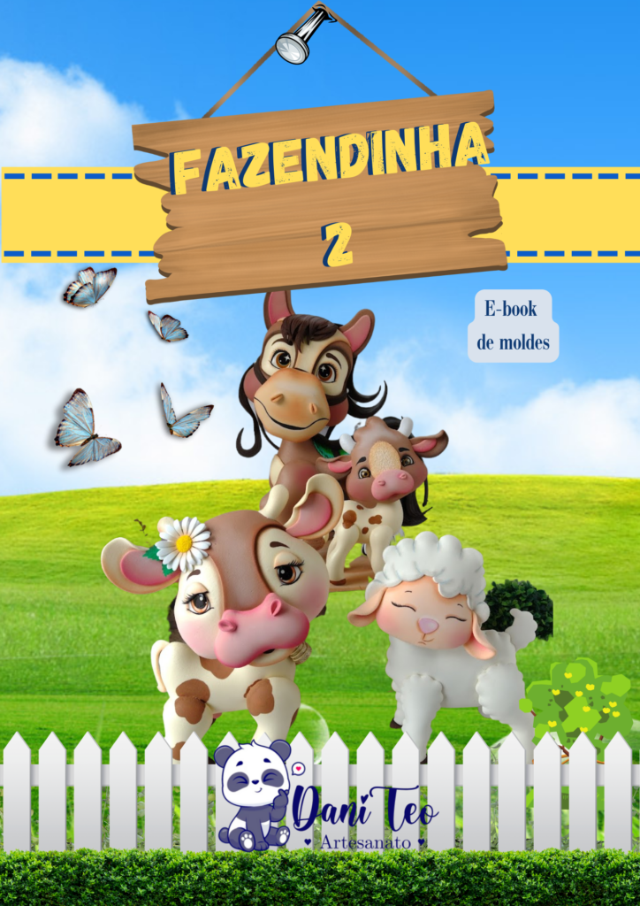 Imagem Capa Ebook Fazendinha 2, contendo cavalo, vaquinha e ovelhinha num campo.