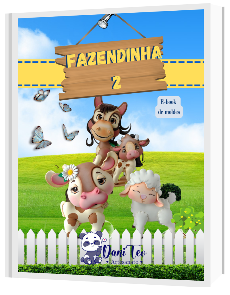 Imagem Ebook Fazendinha 2, contendo cavalo, vaquinha e ovelhinha num campo.