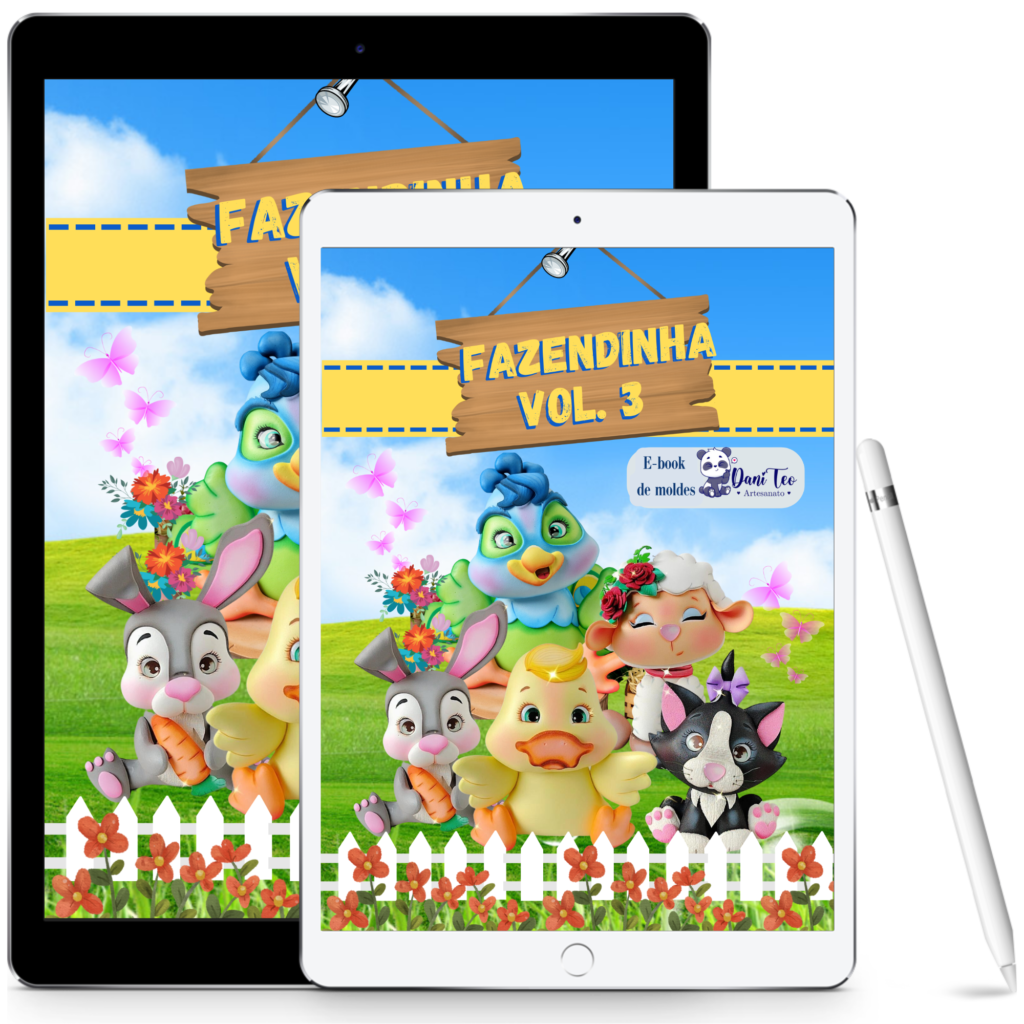 imagem de Ebook Fazendinha volume 3 em um tablet contendo uma ovelhinha, um gato, um pavão, um coelho e um patinho em uma fazenda.