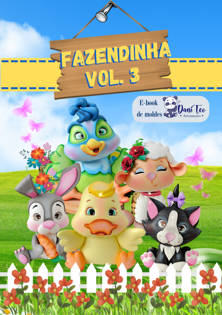 imagem de capa do Ebook Fazendinha Volume 3 contendo uma ovelhinha, um gato, um pavão, um coelho e um patinho em uma fazenda.